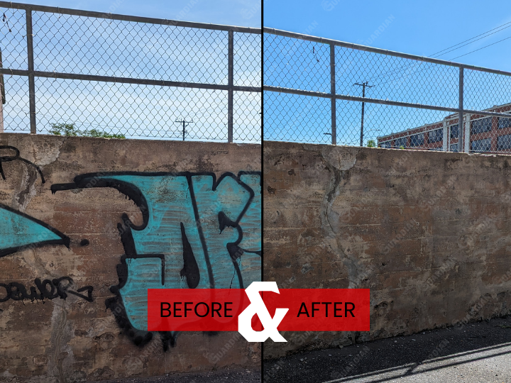before and after image of graffiti removed from stone