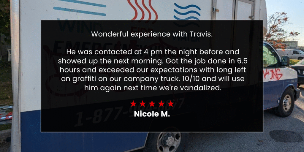 client review after completing Graffiti removal in Whitby, Ontario