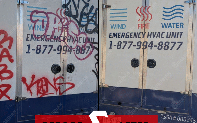 before and after shot graffiti removal in Whitby from a branded work truck