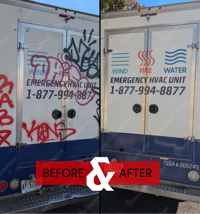 before and after shot graffiti removal in Whitby from a branded work truck