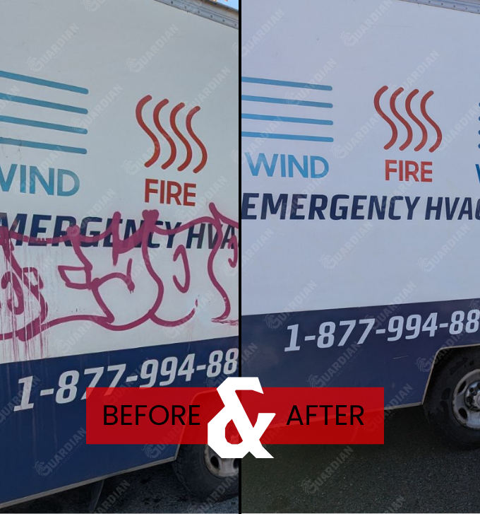before and after shot graffiti removal in whitby from a branded work truck